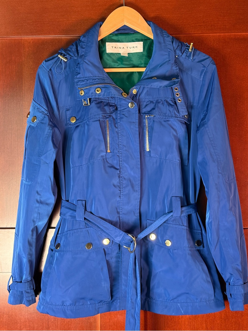 Trina Turk Cobalt Blue Belted Hooded Utility Jacket M